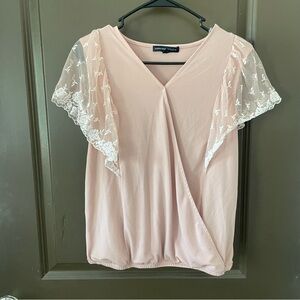 Adrienne Vittadini Blush Wrap Top with Lace Sleeves Cinched Waist Size Small